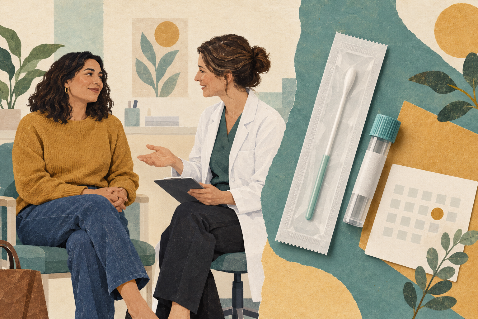 A woman discussing screening with a clinician beside a swab collection kit