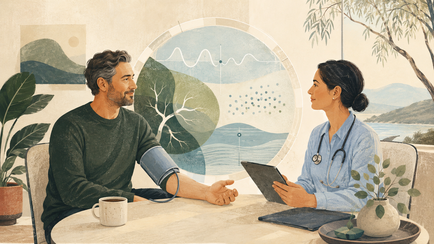 Editorial collage of a calm preventive heart health appointment