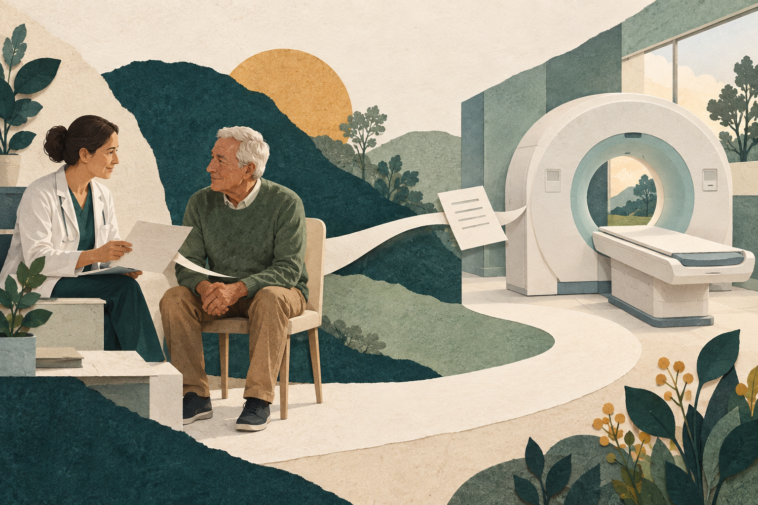 Editorial illustration showing clinical consultation and diagnostic screening pathways