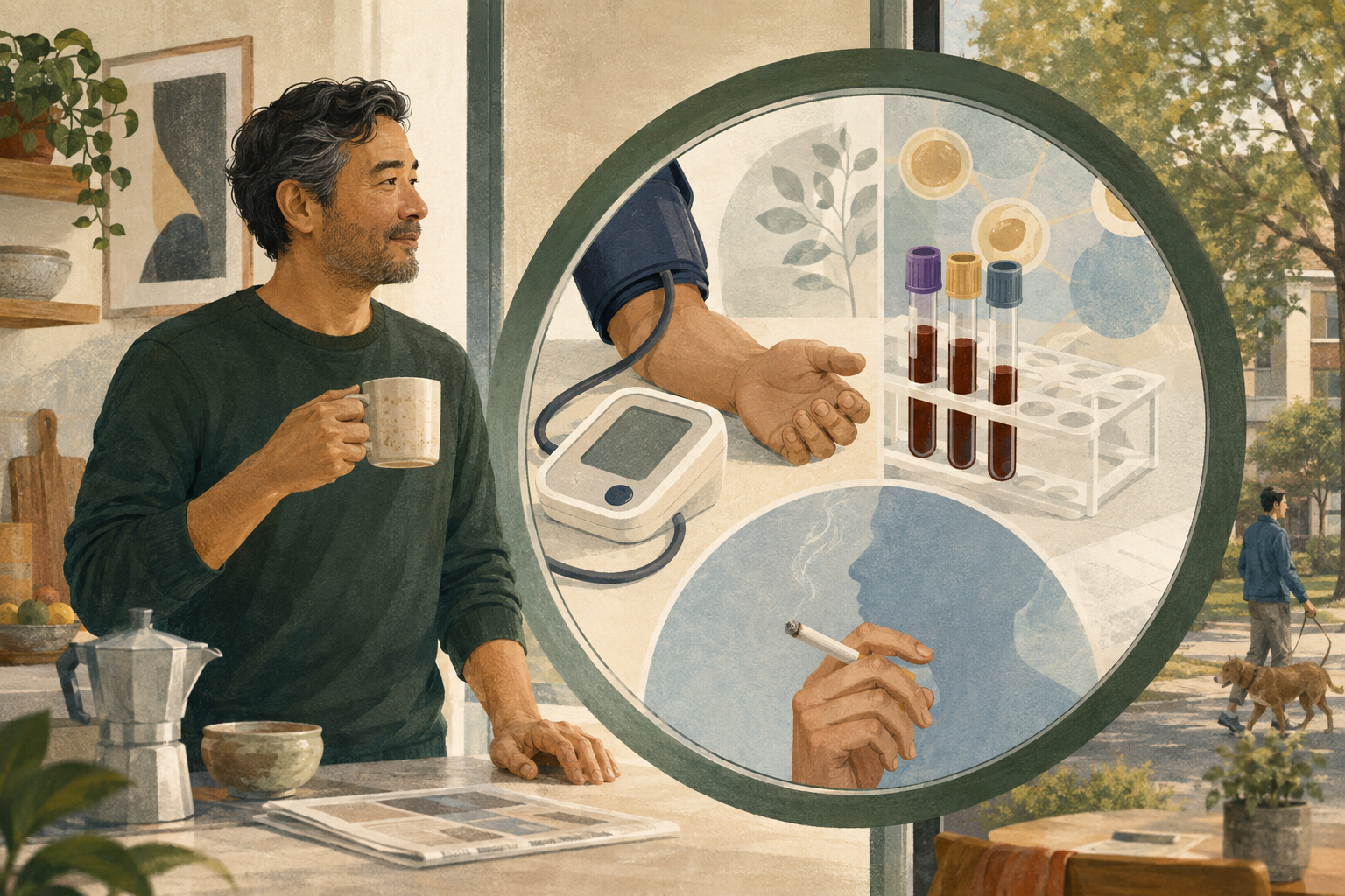 Editorial illustration showing ordinary life beside a quiet cardiovascular risk assessment