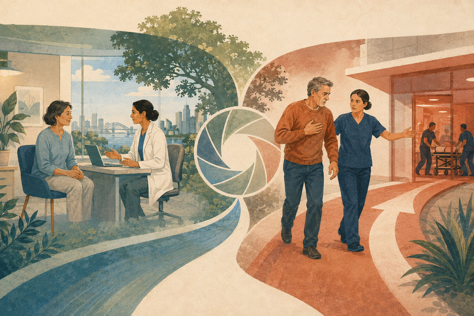 Editorial split scene distinguishing preventive screening from urgent assessment of symptoms