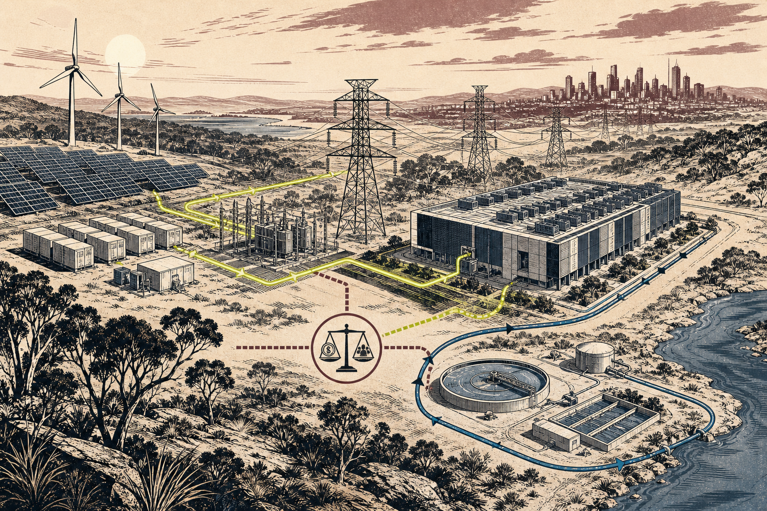 Editorial illustration separating a data centre's renewable supply and storage, shared electricity grid, connection infrastructure and water system.
