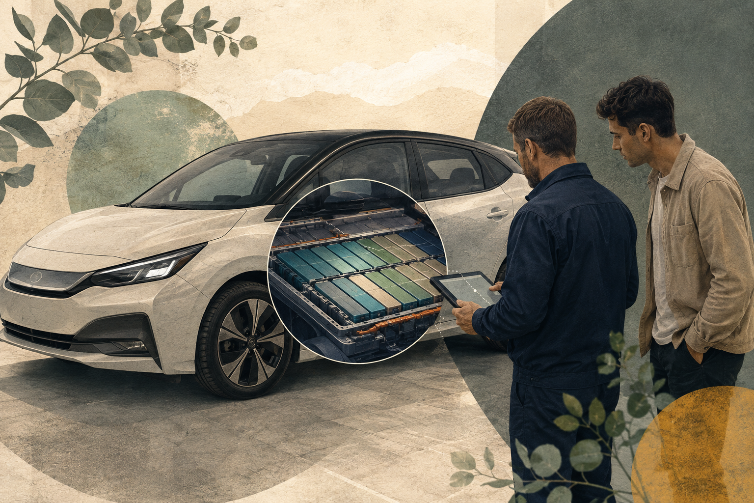 Editorial illustration of a technician examining an electric vehicle battery health report for a used-car buyer