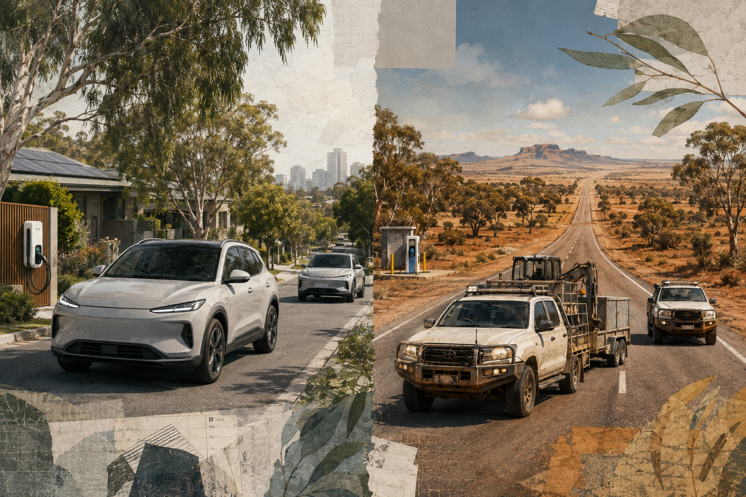 Editorial split scene contrasting an electric suburban SUV with a diesel work ute in regional Australia