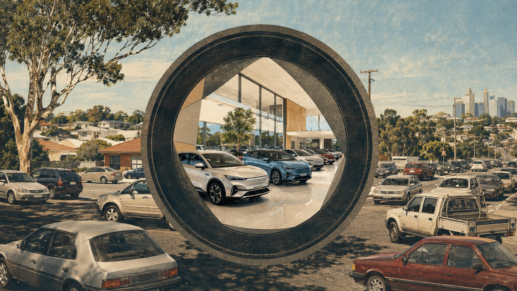 Editorial collage contrasting a surge in new electric-car sales with Australia’s much larger existing vehicle fleet