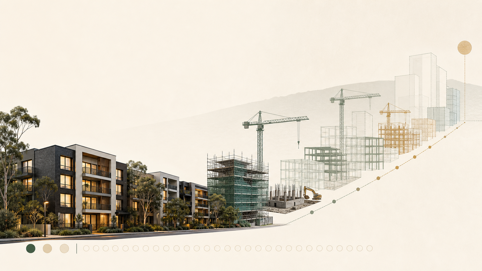 Editorial illustration showing a small row of completed apartment homes leading into scaffolding, cranes and translucent future buildings.