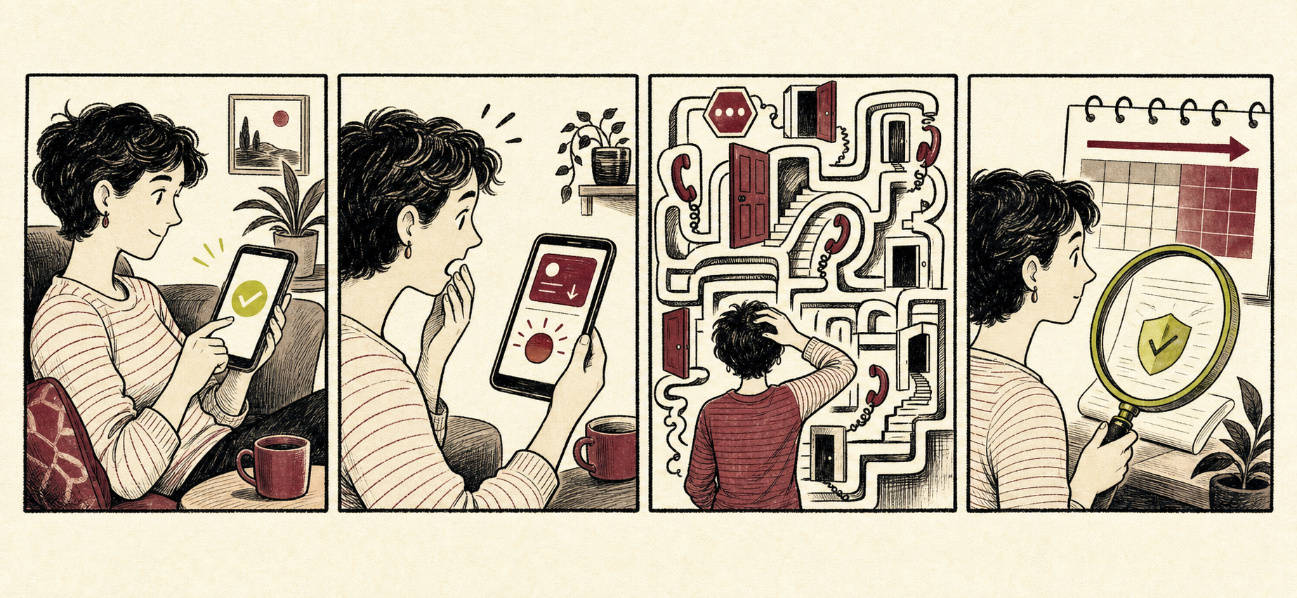 Four-panel illustration: a reader starts a subscription, discovers a recurring charge, becomes lost in a cancellation maze, then checks a law against a future calendar.