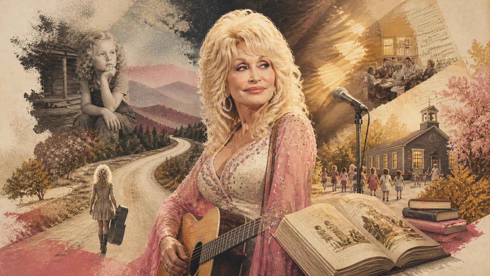 An editorial portrait of Dolly Parton surrounded by Appalachian, music, books and education imagery