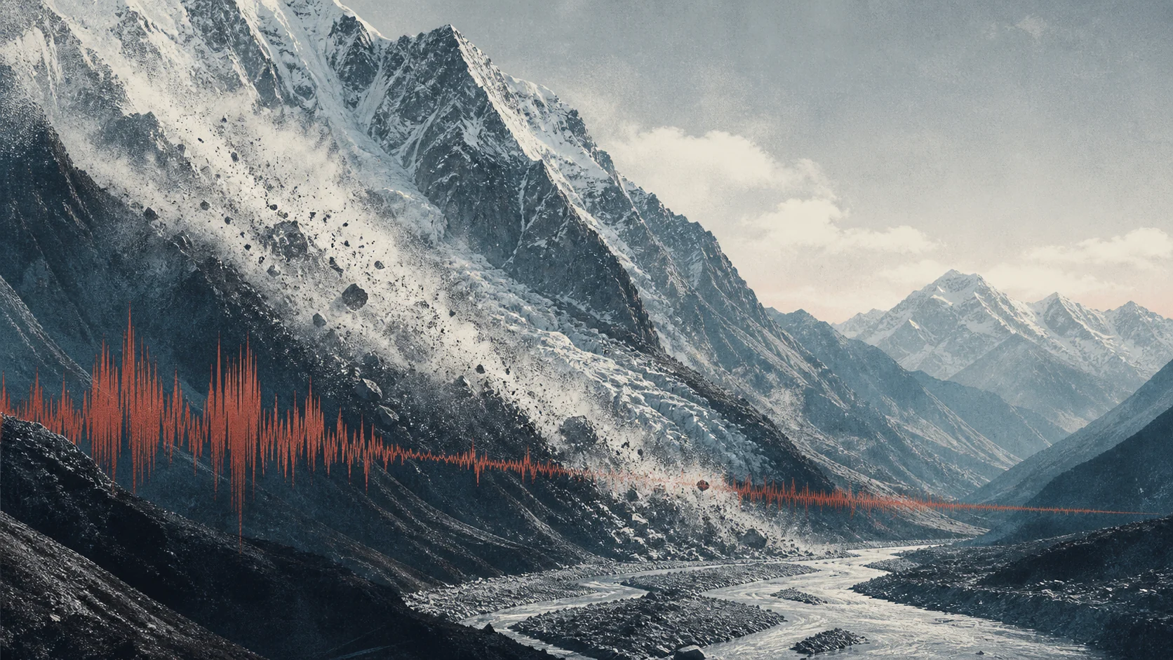 A Himalayan mountain collapse with a seismic trace running through the valley