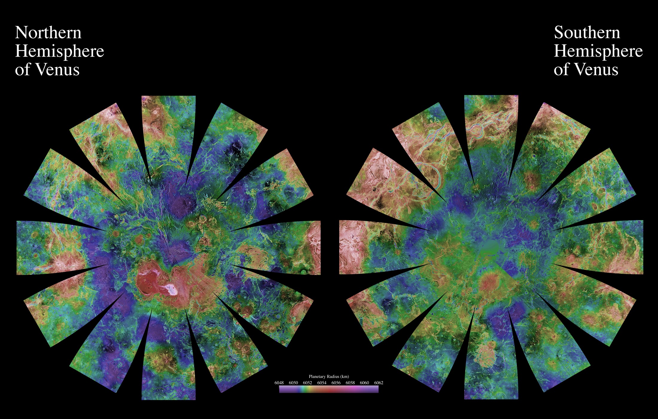 Magellan hemispherical Venus globes with colour coded elevation