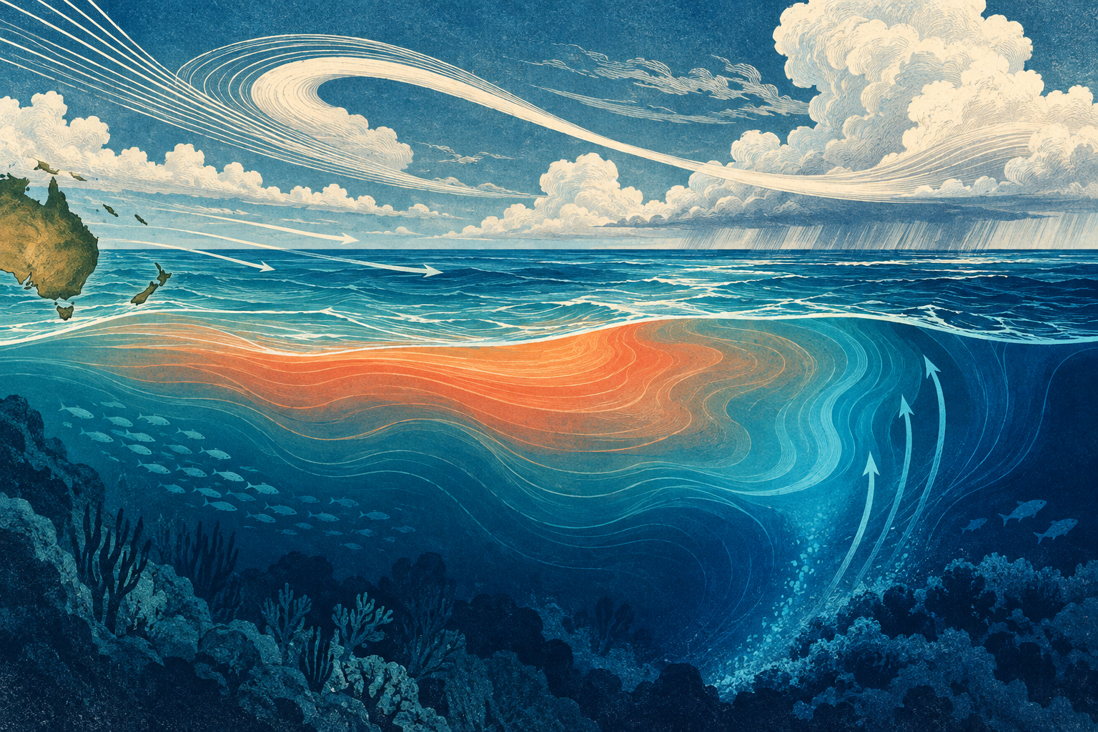 Conceptual ocean cutaway with warm water and atmospheric ribbons near Australia.