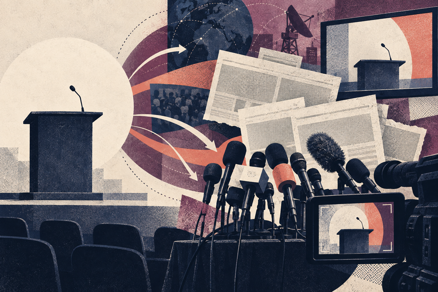 Original illustration of an empty podium, microphones and contrasting media frames.