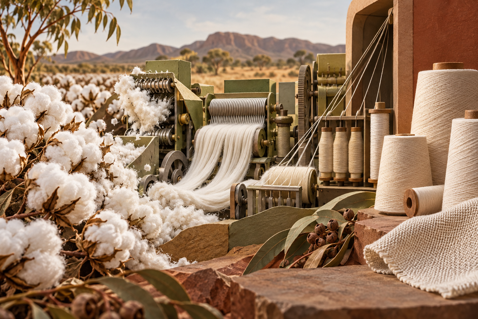 Conceptual cotton-to-yarn illustration with machinery, fibre and reels.