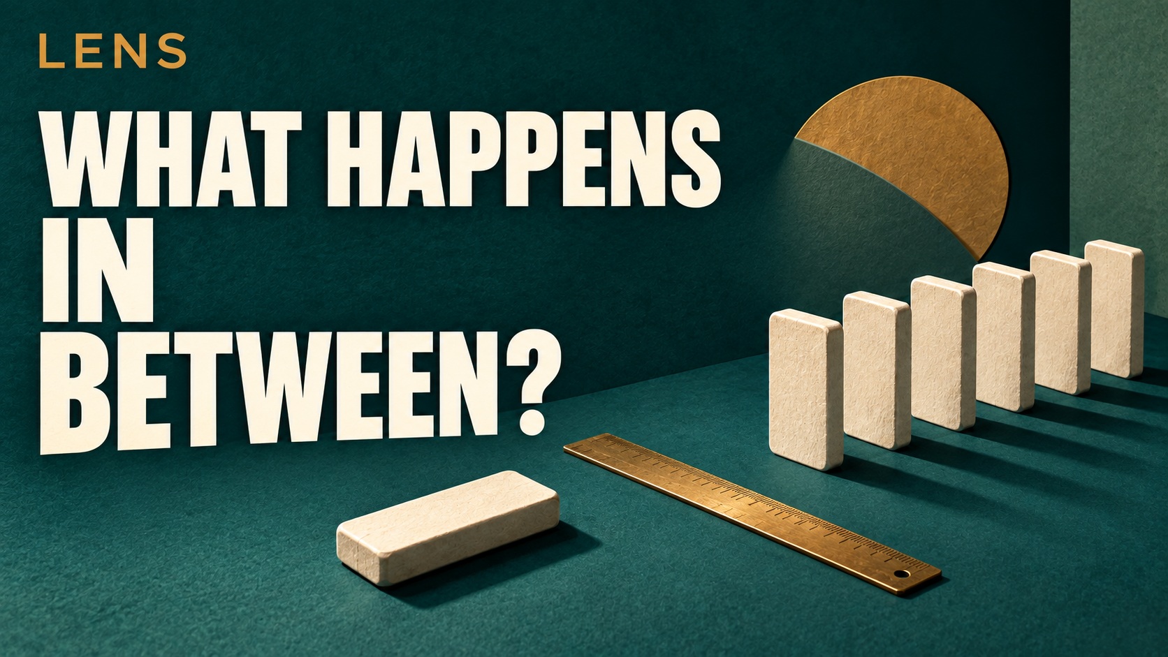 What happens in between? Illustrated dominoes connected across a gap.